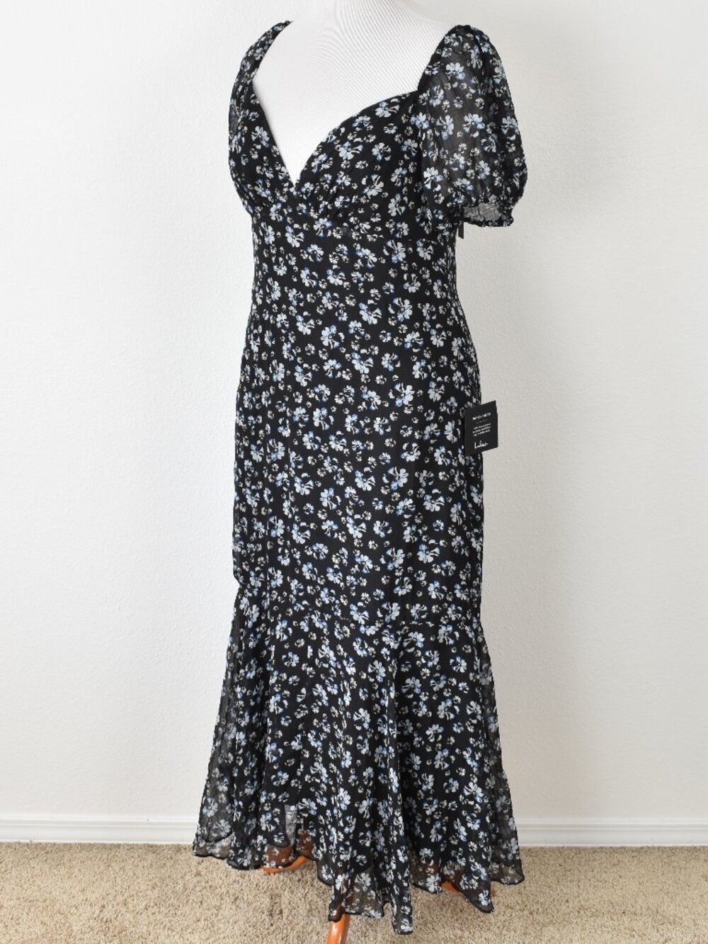 Lulu's Gorgeous Inspiration Black Floral Puff Sleeve Midi Dress NEW - XL - Picture 6 of 12